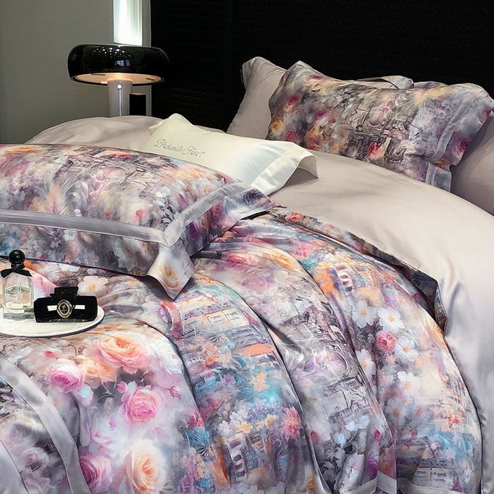 91家纺网 家纺一手货源 找家纺 黑白森林 2025新款高支天丝棉数码印花 套件系列四件套 安纳花园-紫