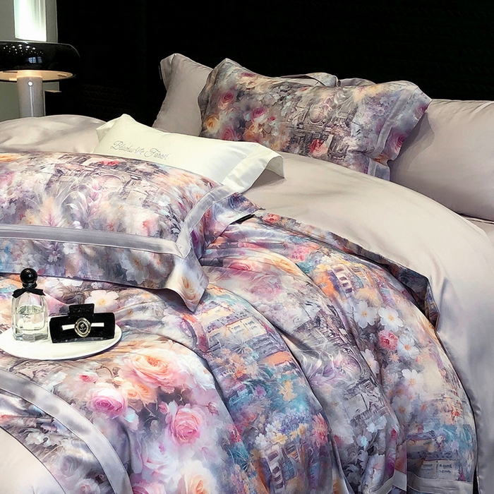 91家纺网 家纺一手货源 找家纺 黑白森林 2025新款高支天丝棉数码印花 套件系列四件套 安纳花园-紫