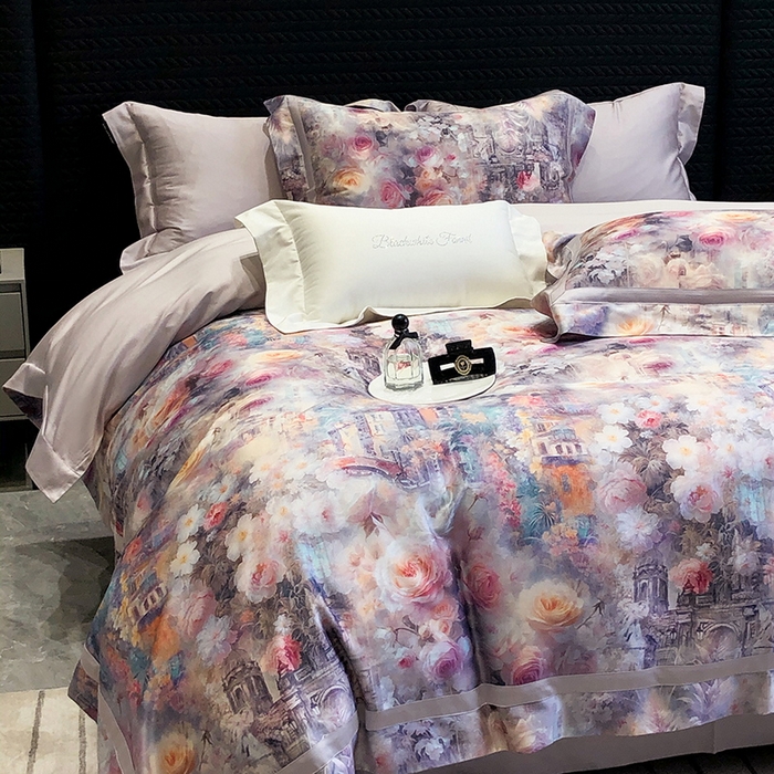 91家纺网 家纺一手货源 找家纺 黑白森林 2025新款高支天丝棉数码印花 套件系列四件套 安纳花园-紫