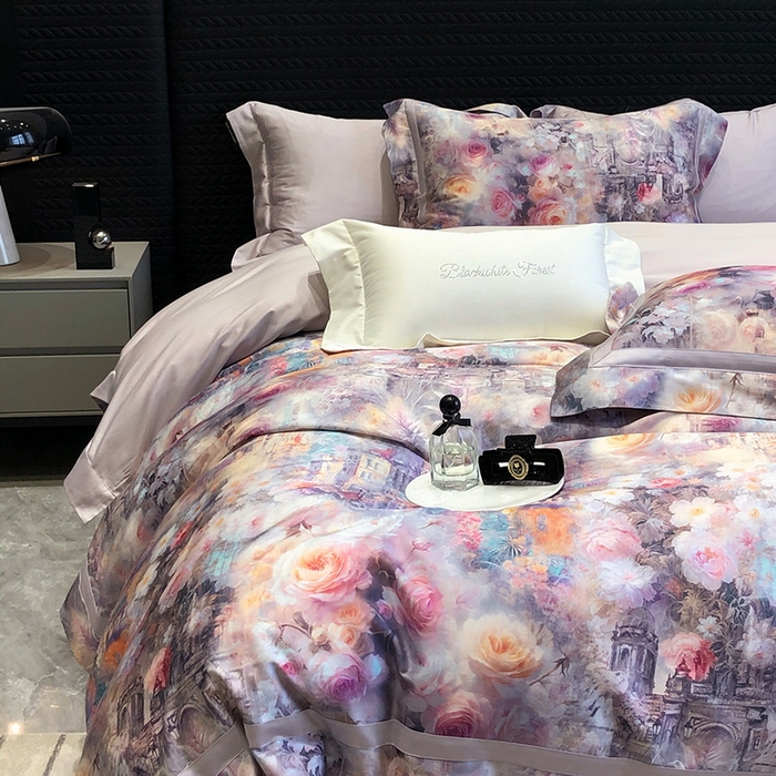 91家纺网 家纺一手货源 找家纺 黑白森林 2025新款高支天丝棉数码印花 套件系列四件套 安纳花园-紫