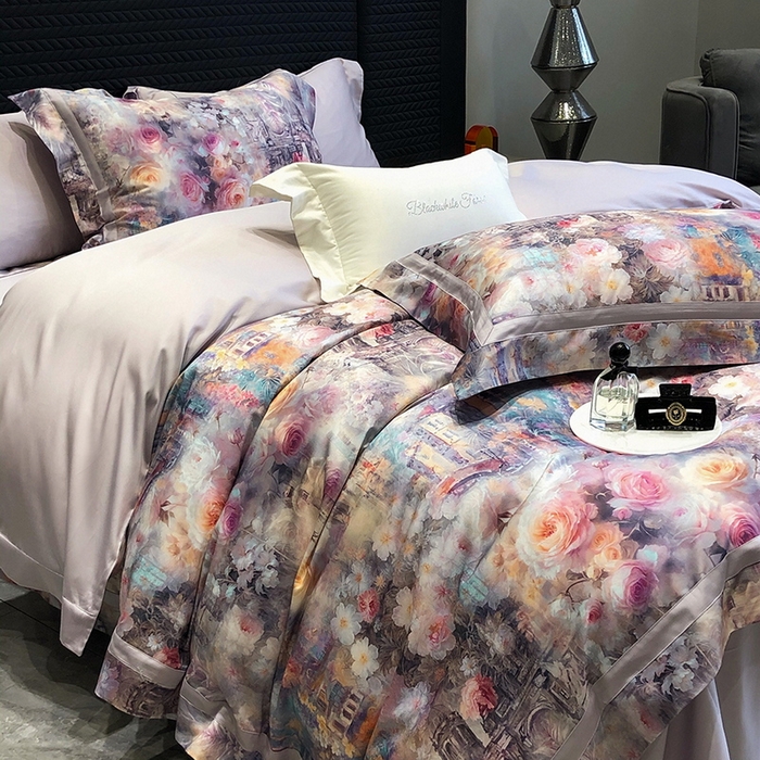 91家纺网 家纺一手货源 找家纺 黑白森林 2025新款高支天丝棉数码印花 套件系列四件套 安纳花园-紫