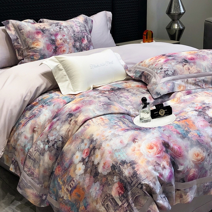 91家纺网 家纺一手货源 找家纺 黑白森林 2025新款高支天丝棉数码印花 套件系列四件套 安纳花园-紫