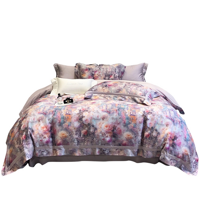 91家纺网 家纺一手货源 找家纺 黑白森林 2025新款高支天丝棉数码印花 套件系列四件套 安纳花园-紫