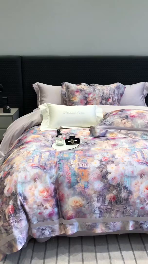 91家纺网 家纺一手货源 找家纺 黑白森林 2025新款高支天丝棉数码印花 套件系列四件套 安纳花园-紫