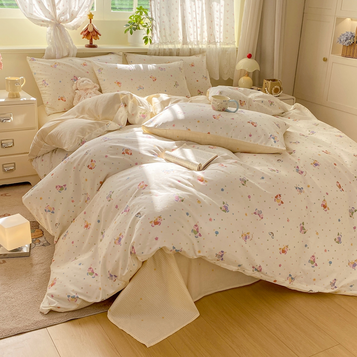 91家纺网 家纺一手货源 找家纺 红日子纺织品 2026新款12868纯棉全棉印花卡通系列四件套 彩虹小马