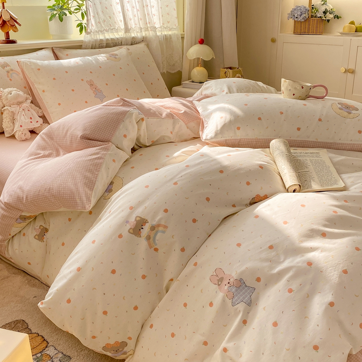 91家纺网 家纺一手货源 找家纺 红日子纺织品 2026新款12868纯棉全棉印花卡通系列四件套 橘意甜宠