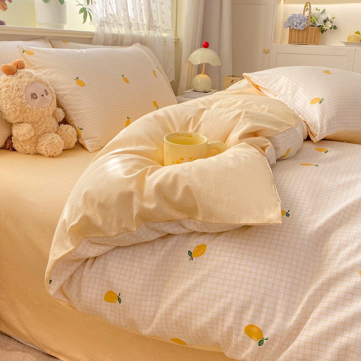 91家纺网 家纺一手货源 找家纺 红日子纺织品 2026新款12868纯棉全棉印花卡通系列四件套 柠檬小镇