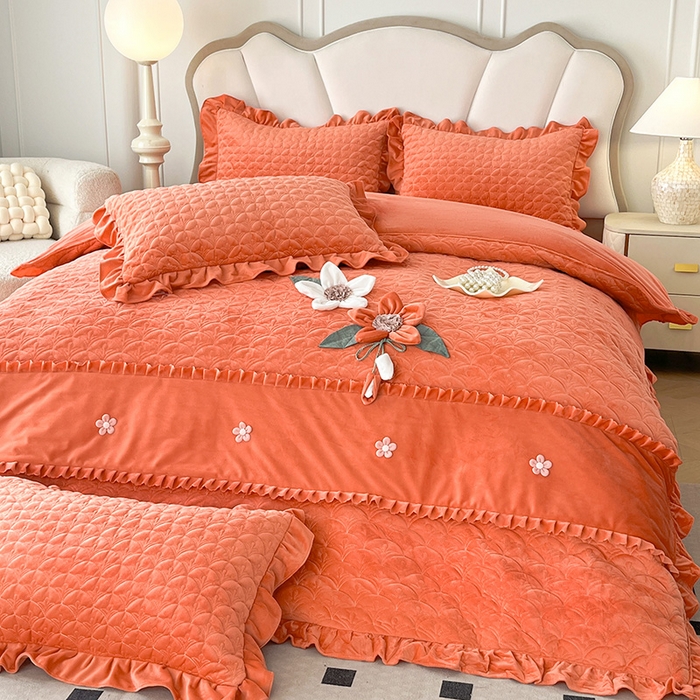 91家纺网 家纺一手货源 找家纺 兴美佳家纺 2024新款水晶绒全加棉床盖四件套-冬之恋 冬之恋-橘色