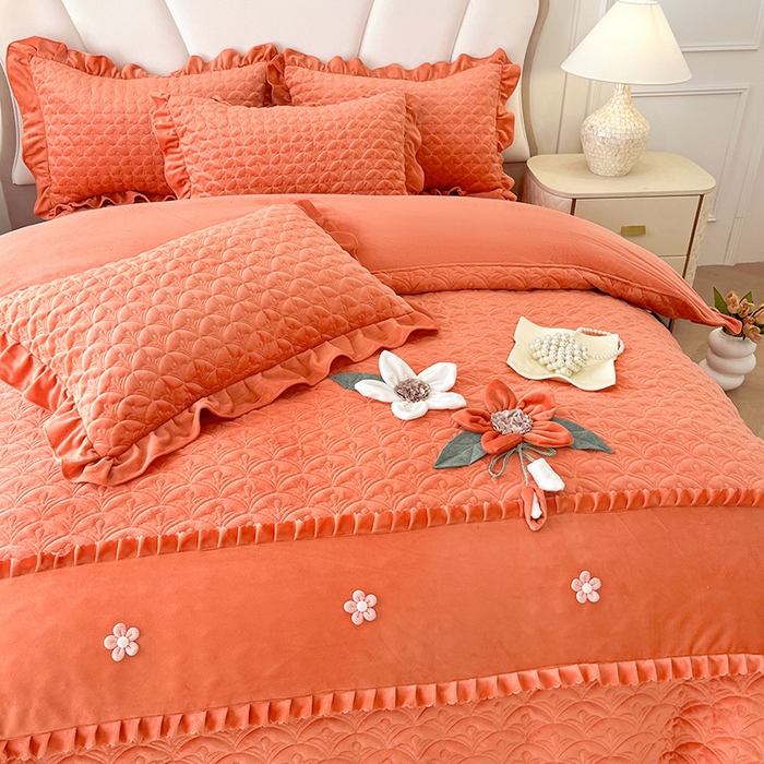 91家纺网 家纺一手货源 找家纺 兴美佳家纺 2024新款水晶绒全加棉床盖四件套-冬之恋 冬之恋-橘色