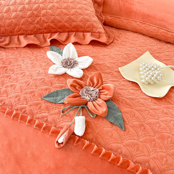 91家纺网 家纺一手货源 找家纺 兴美佳家纺 2024新款水晶绒全加棉床盖四件套-冬之恋 冬之恋-橘色