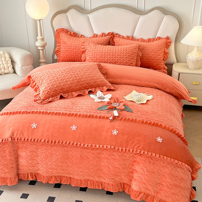 91家纺网 家纺一手货源 找家纺 兴美佳家纺 2024新款水晶绒全加棉床盖四件套-冬之恋 冬之恋-橘色