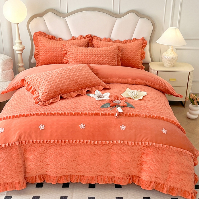 91家纺网 家纺一手货源 找家纺 兴美佳家纺 2024新款水晶绒全加棉床盖四件套-冬之恋 冬之恋-橘色