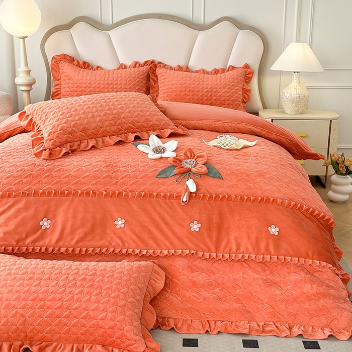 91家纺网 家纺一手货源 找家纺 兴美佳家纺 2024新款水晶绒全加棉床盖四件套-冬之恋 冬之恋-橘色