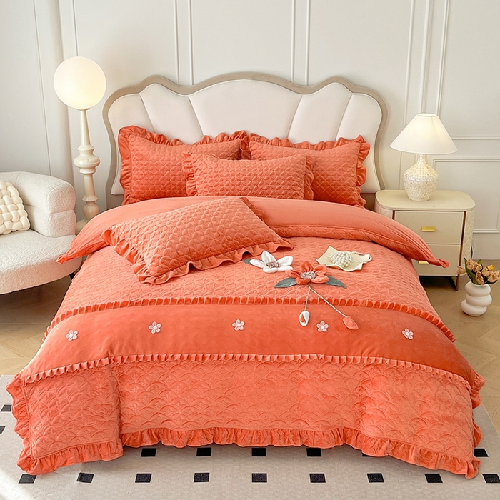 91家纺网 家纺一手货源 找家纺 兴美佳家纺 2024新款水晶绒全加棉床盖四件套-冬之恋 冬之恋-橘色