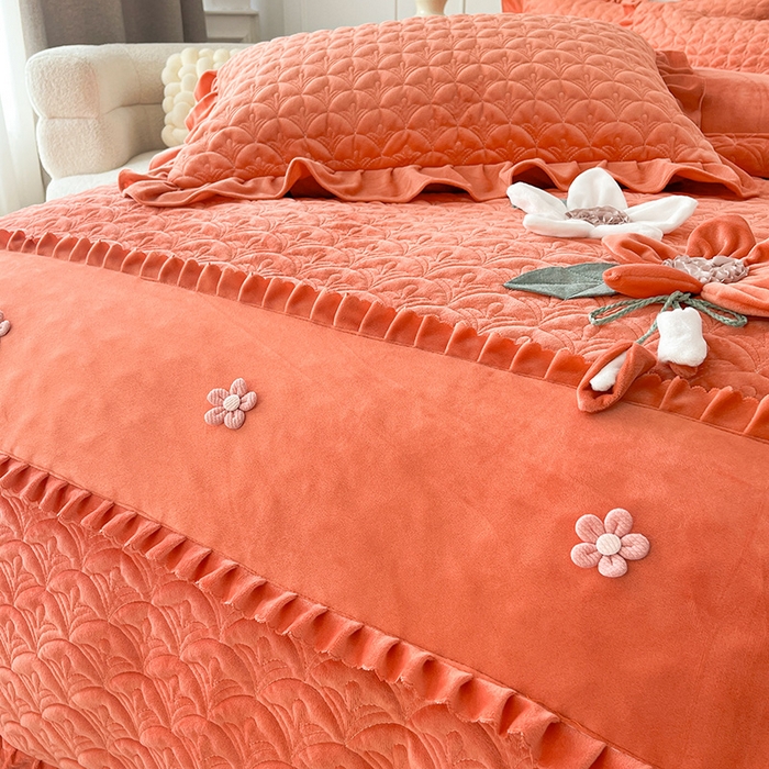 91家纺网 家纺一手货源 找家纺 兴美佳家纺 2024新款水晶绒全加棉床盖四件套-冬之恋 冬之恋-橘色