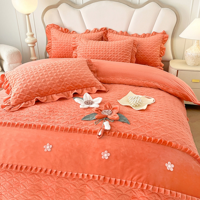 91家纺网 家纺一手货源 找家纺 兴美佳家纺 2024新款水晶绒全加棉床盖四件套-冬之恋 冬之恋-橘色