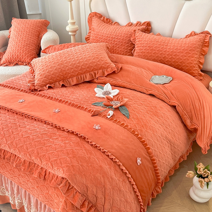 91家纺网 家纺一手货源 找家纺 兴美佳家纺 2024新款水晶绒全加棉床盖四件套-冬之恋 冬之恋-橘色