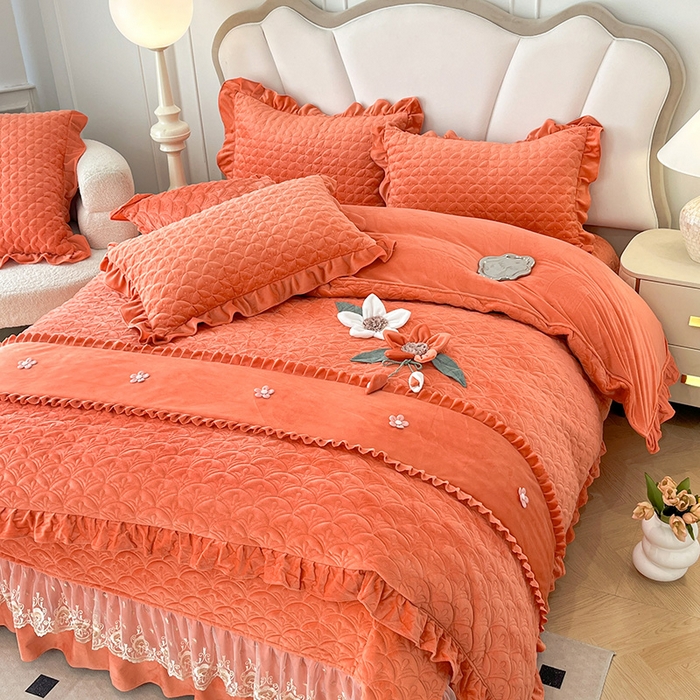 91家纺网 家纺一手货源 找家纺 兴美佳家纺 2024新款水晶绒全加棉床盖四件套-冬之恋 冬之恋-橘色