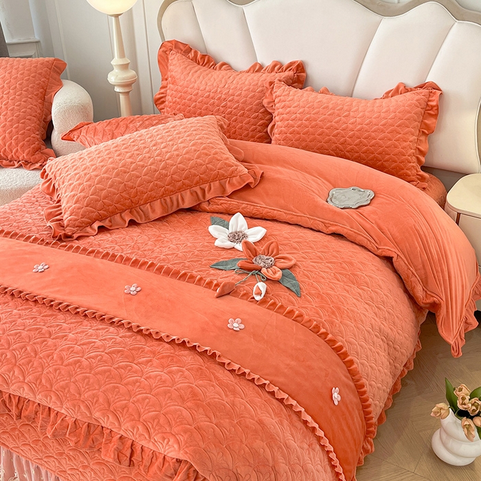 91家纺网 家纺一手货源 找家纺 兴美佳家纺 2024新款水晶绒全加棉床盖四件套-冬之恋 冬之恋-橘色