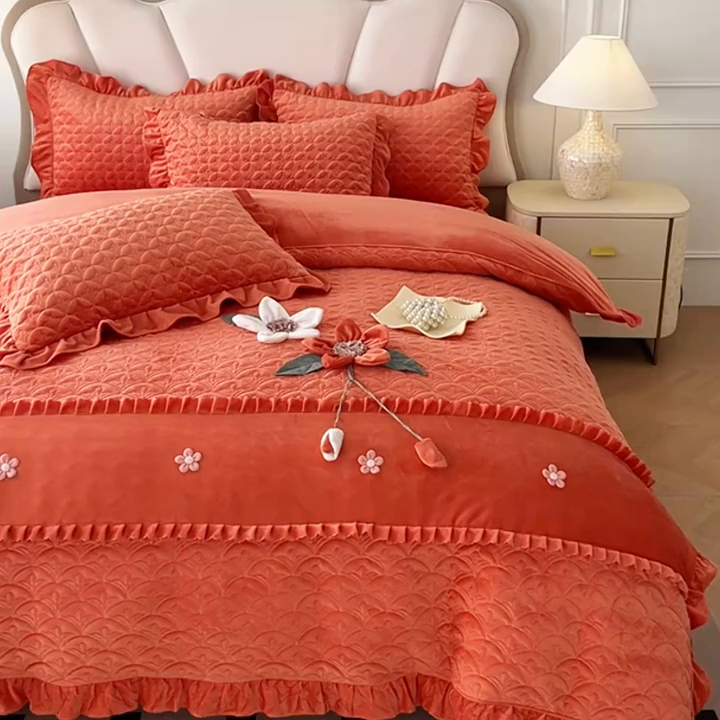 91家纺网 家纺一手货源 找家纺 兴美佳家纺 2024新款水晶绒全加棉床盖四件套-冬之恋 冬之恋-橘色