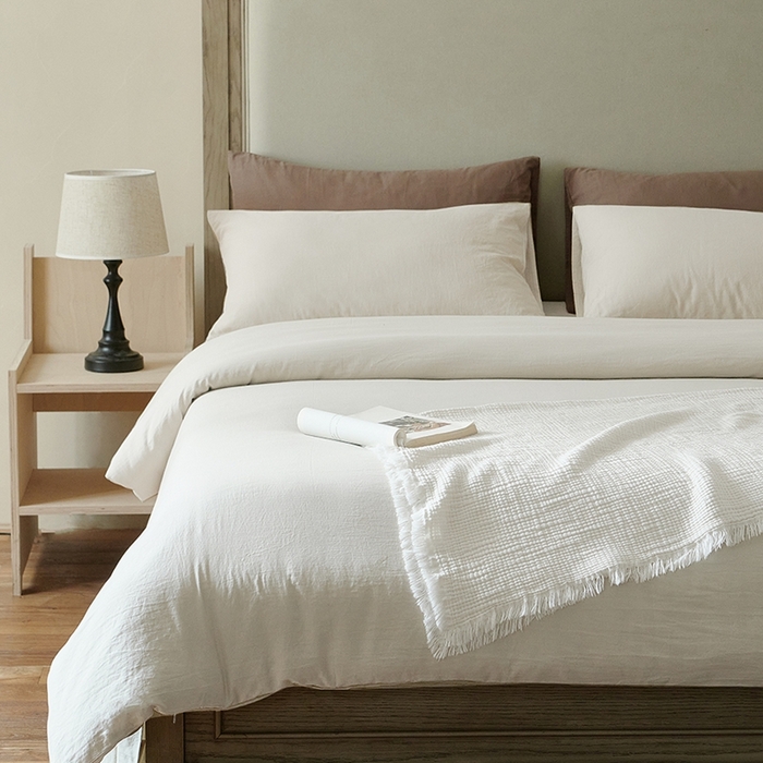 91家纺网 家纺一手货源 找家纺 子和家居 2025新款80支高密全棉双层纱四件套-云憩 云憩-白色