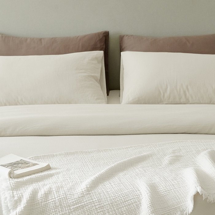 91家纺网 家纺一手货源 找家纺 子和家居 2025新款80支高密全棉双层纱四件套-云憩 云憩-白色