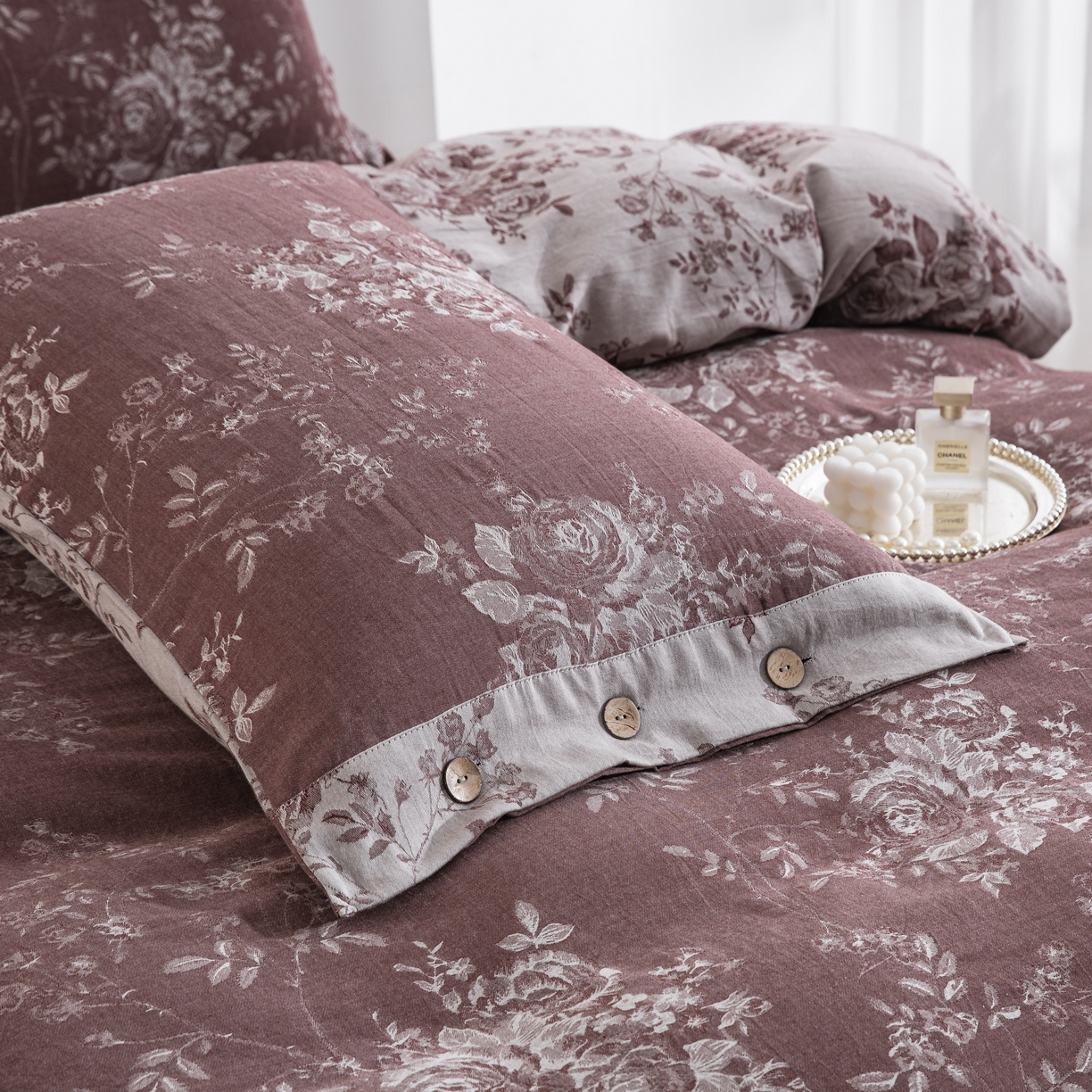 91家纺网 家纺一手货源 找家纺 双层纱家居 2025新款小清新双层纱四件套 春雨豆沙