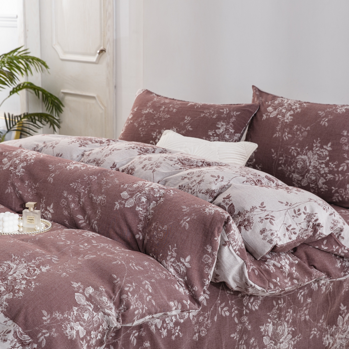 91家纺网 家纺一手货源 找家纺 双层纱家居 2025新款小清新双层纱四件套 春雨豆沙