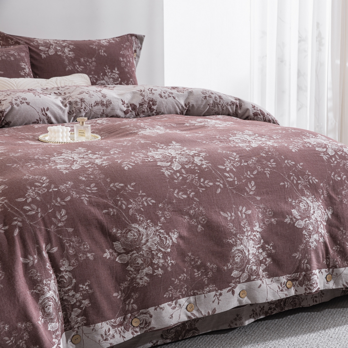 91家纺网 家纺一手货源 找家纺 双层纱家居 2025新款小清新双层纱四件套 春雨豆沙