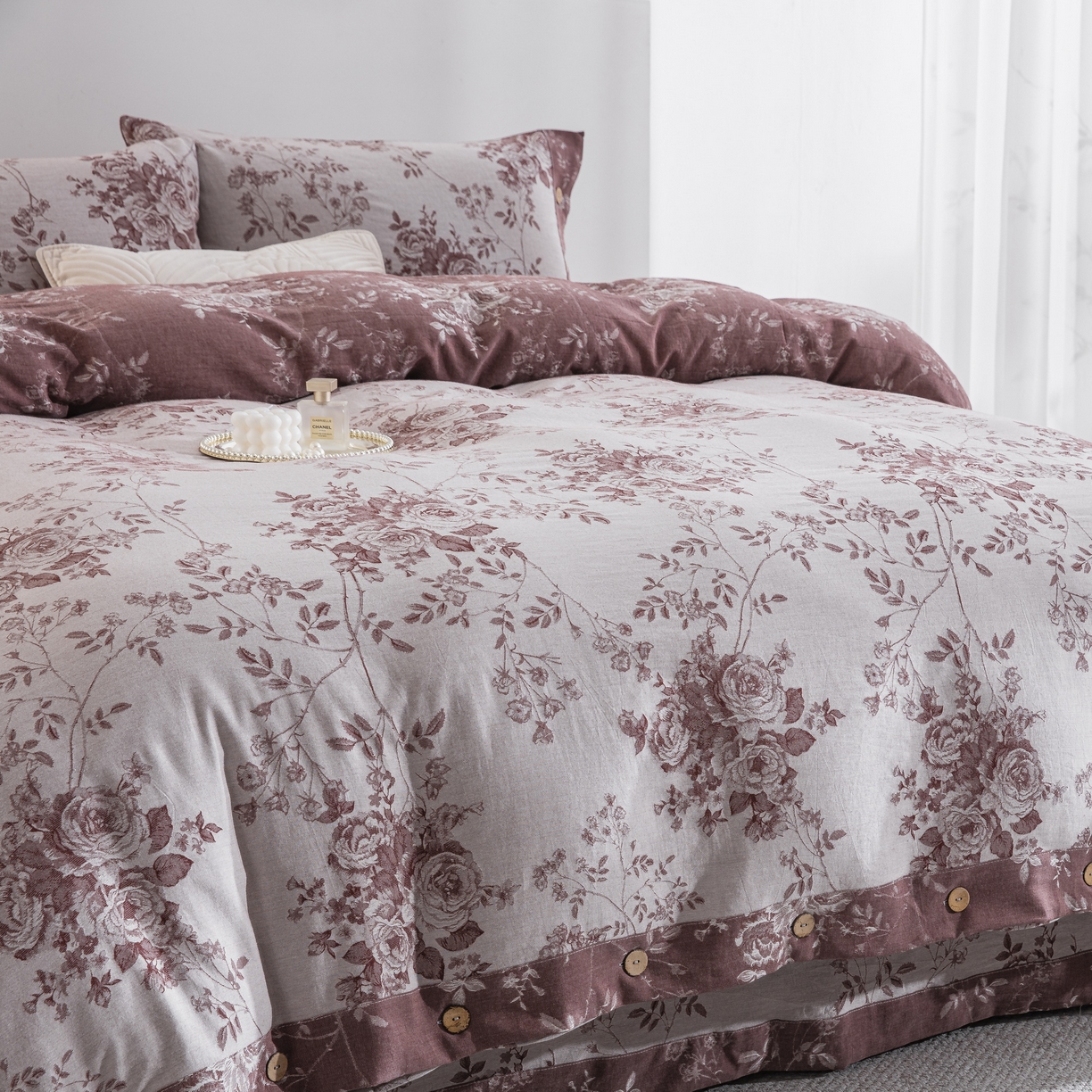 91家纺网 家纺一手货源 找家纺 双层纱家居 2025新款小清新双层纱四件套 春雨豆沙灰