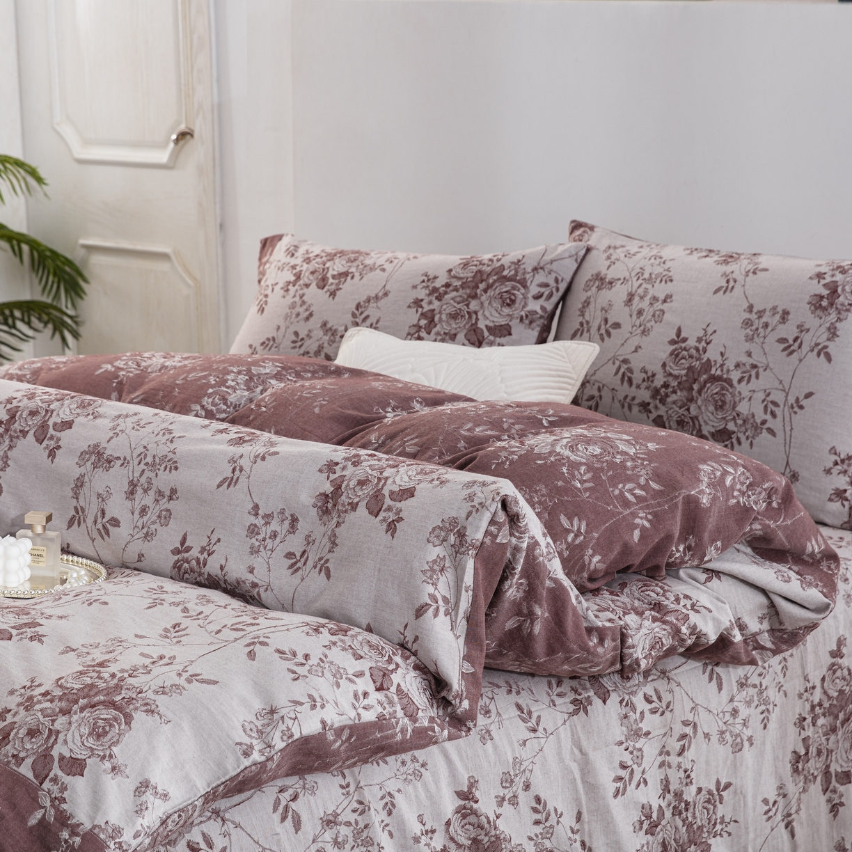 91家纺网 家纺一手货源 找家纺 双层纱家居 2025新款小清新双层纱四件套 春雨豆沙灰