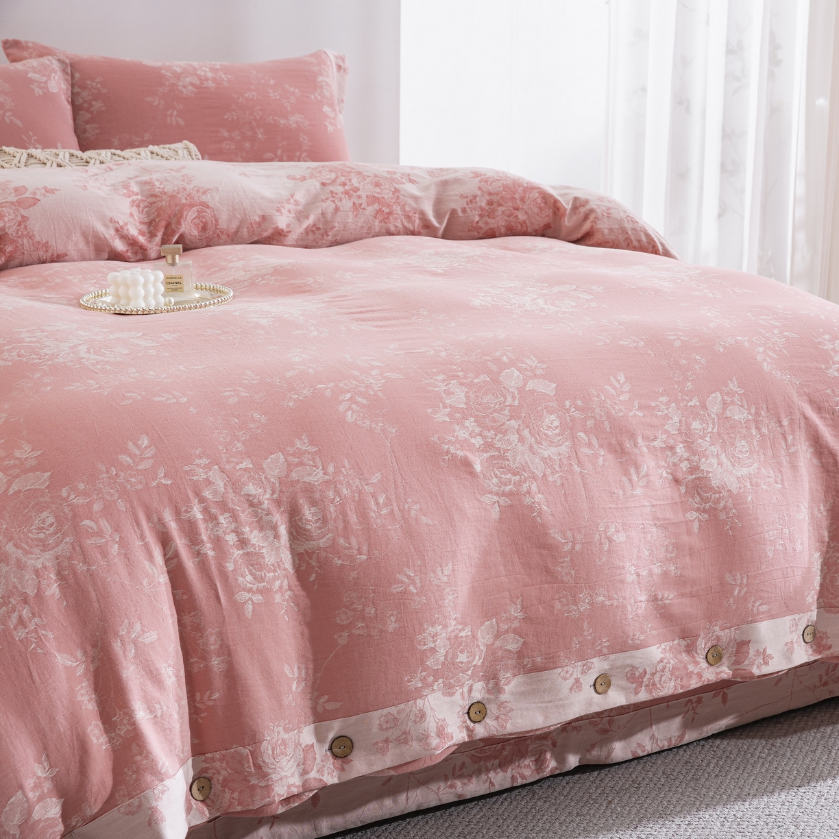 91家纺网 家纺一手货源 找家纺 双层纱家居 2025新款小清新双层纱四件套 春雨-粉