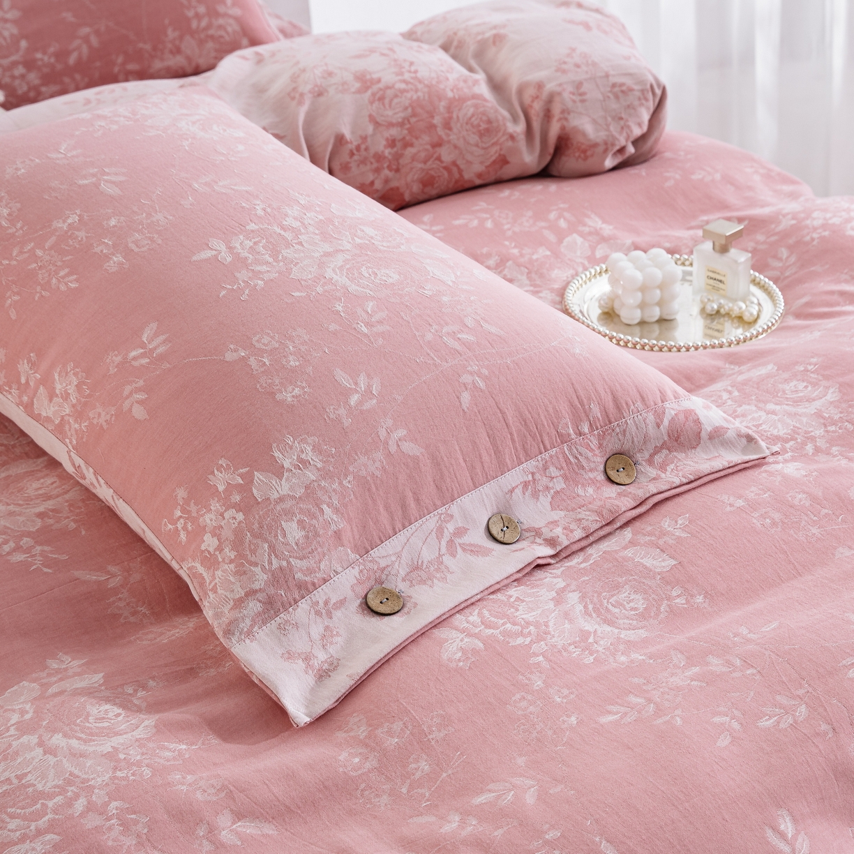 91家纺网 家纺一手货源 找家纺 双层纱家居 2025新款小清新双层纱四件套 春雨-粉