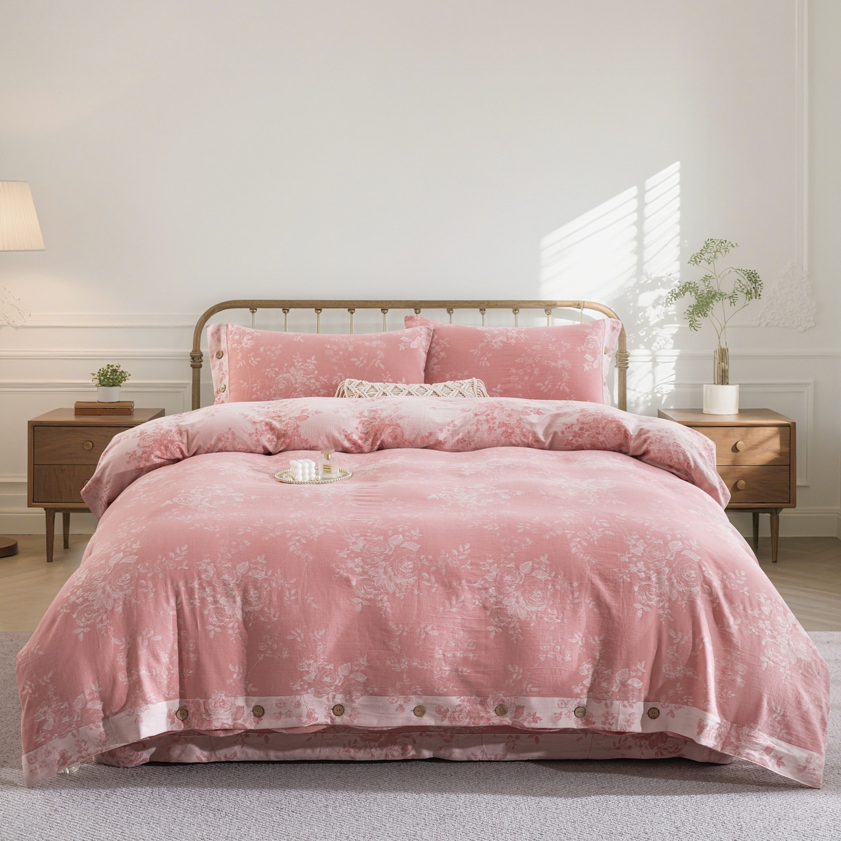 91家纺网 家纺一手货源 找家纺 双层纱家居 2025新款小清新双层纱四件套 春雨-粉