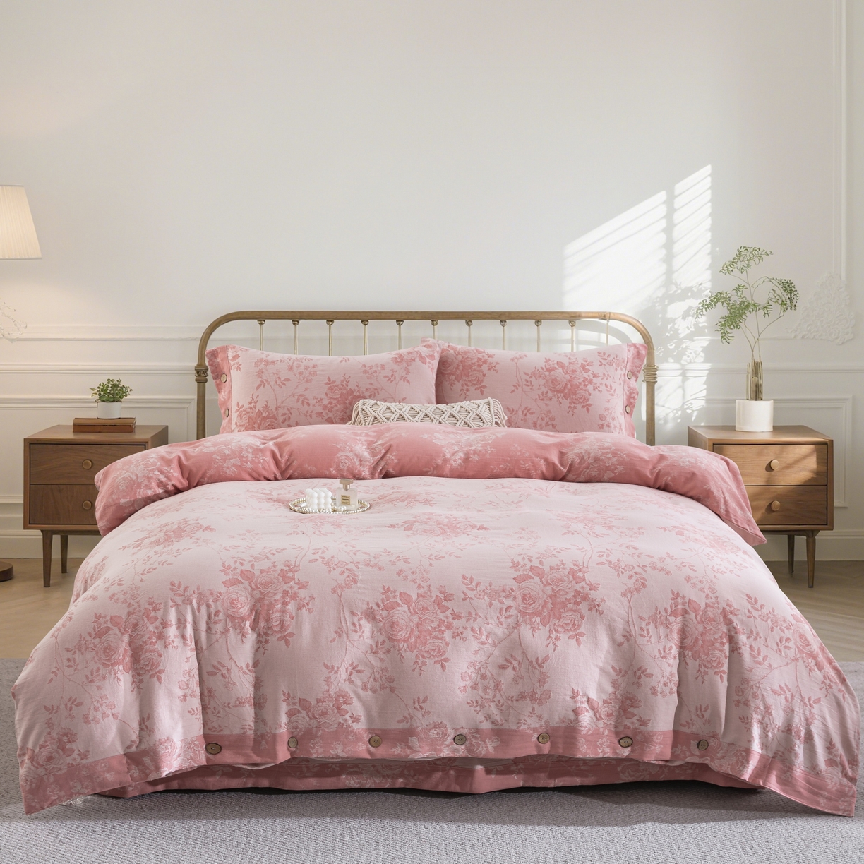 91家纺网 家纺一手货源 找家纺 双层纱家居 2025新款小清新双层纱四件套 春雨粉白