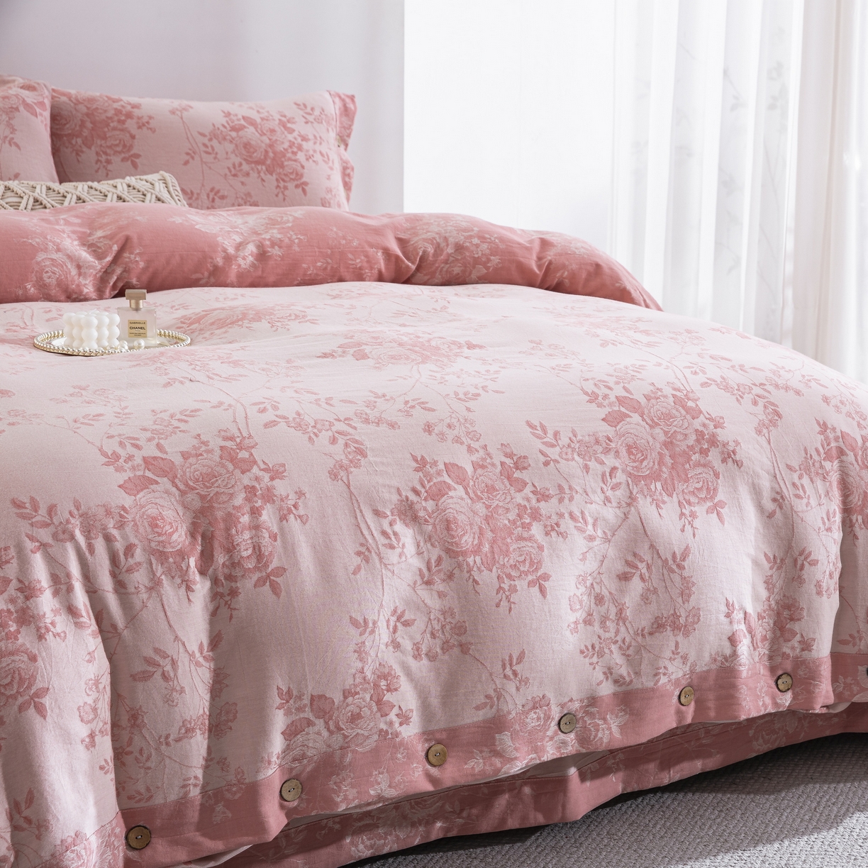 91家纺网 家纺一手货源 找家纺 双层纱家居 2025新款小清新双层纱四件套 春雨粉白