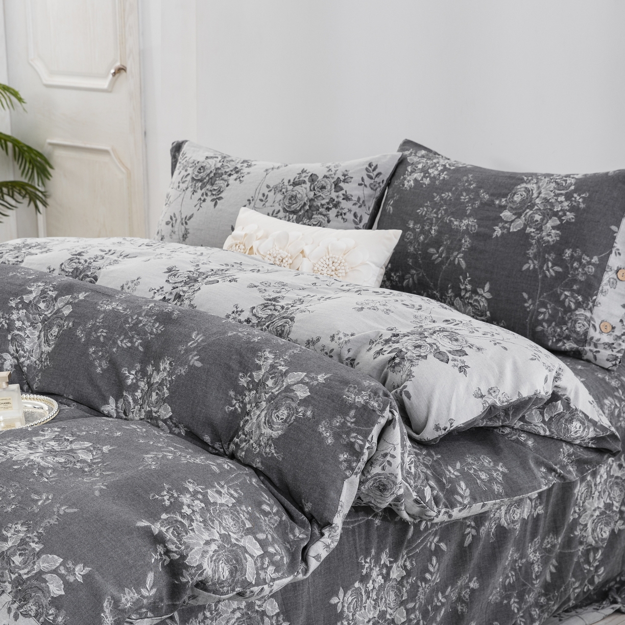 91家纺网 家纺一手货源 找家纺 双层纱家居 2025新款小清新双层纱四件套 春雨灰