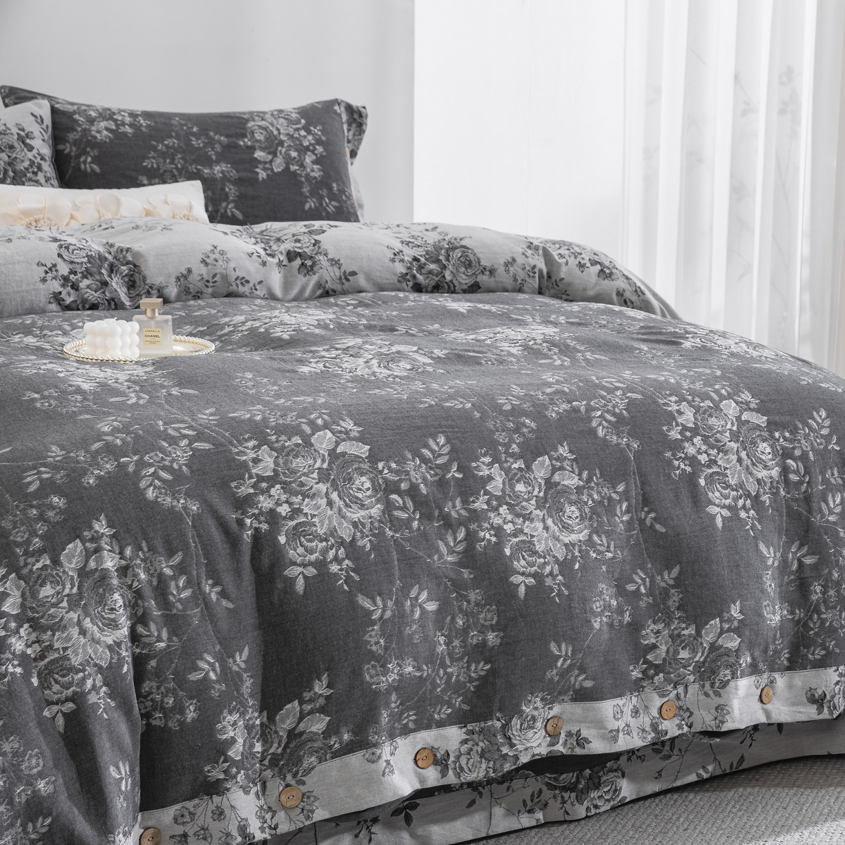 91家纺网 家纺一手货源 找家纺 双层纱家居 2025新款小清新双层纱四件套 春雨灰