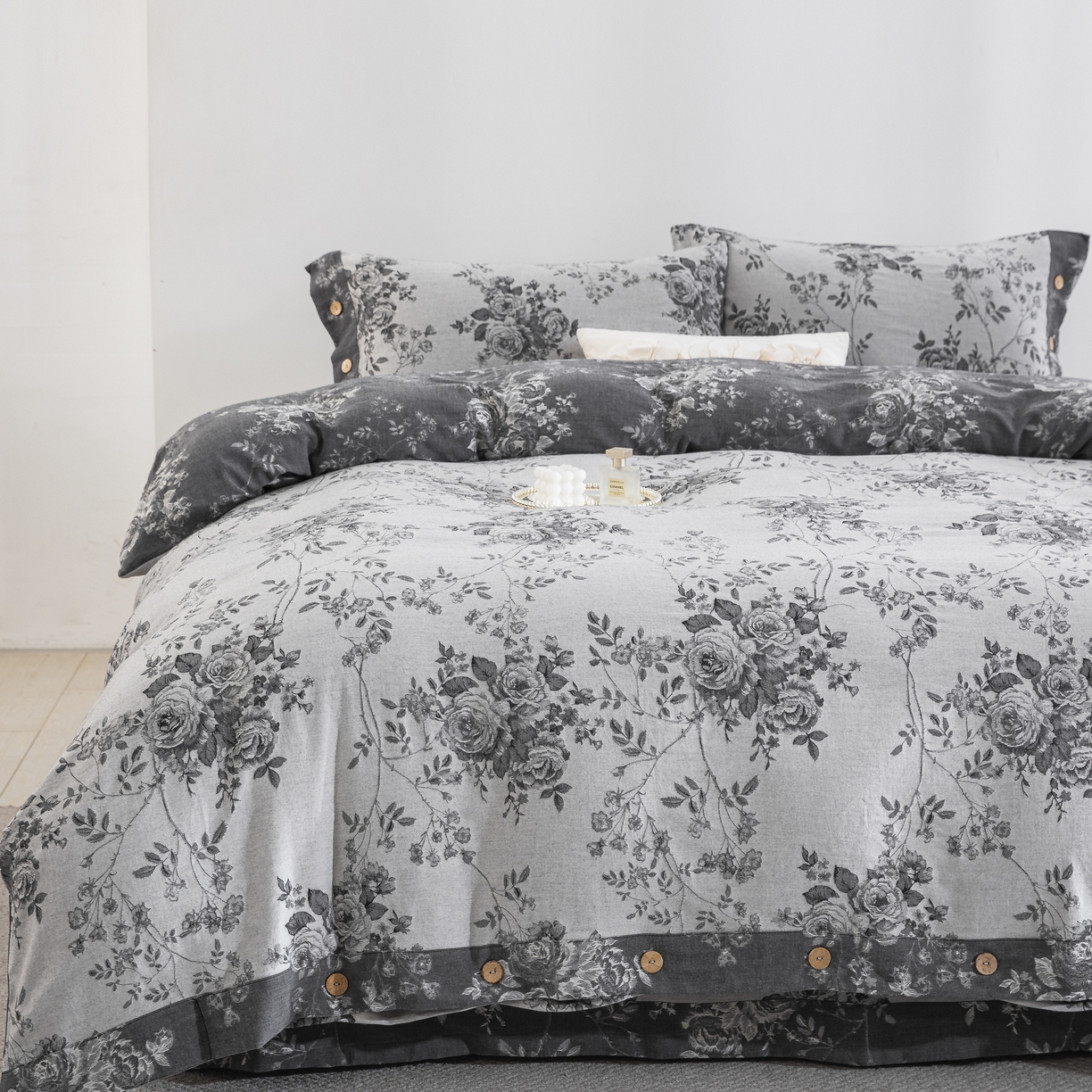 双层纱家居 2025新款小清新双层纱四件套 春雨灰白