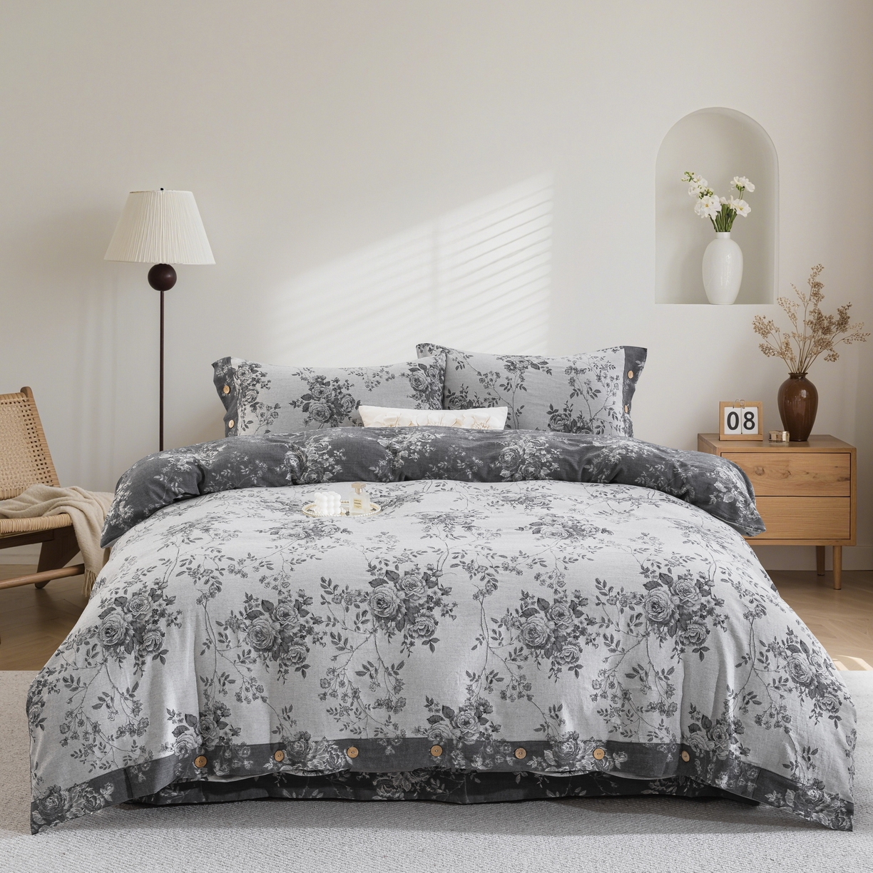 91家纺网 家纺一手货源 找家纺 双层纱家居 2025新款小清新双层纱四件套 春雨灰白