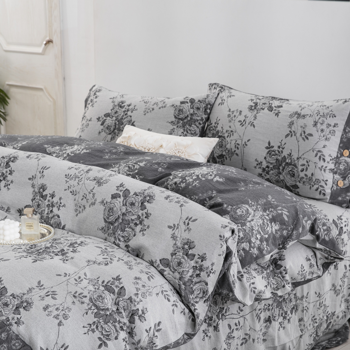 91家纺网 家纺一手货源 找家纺 双层纱家居 2025新款小清新双层纱四件套 春雨灰白