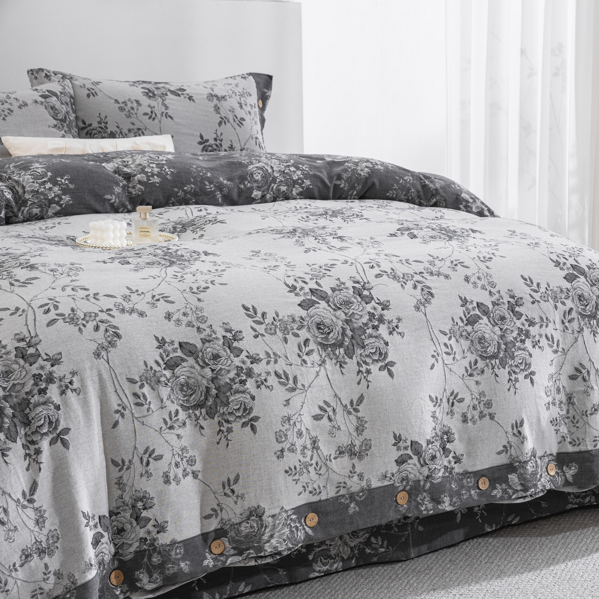 91家纺网 家纺一手货源 找家纺 双层纱家居 2025新款小清新双层纱四件套 春雨灰白