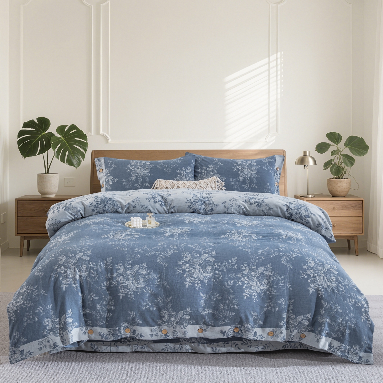 91家纺网 家纺一手货源 找家纺 双层纱家居 2025新款小清新双层纱四件套 春雨蓝