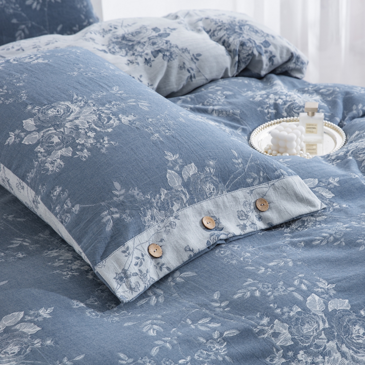 91家纺网 家纺一手货源 找家纺 双层纱家居 2025新款小清新双层纱四件套 春雨蓝