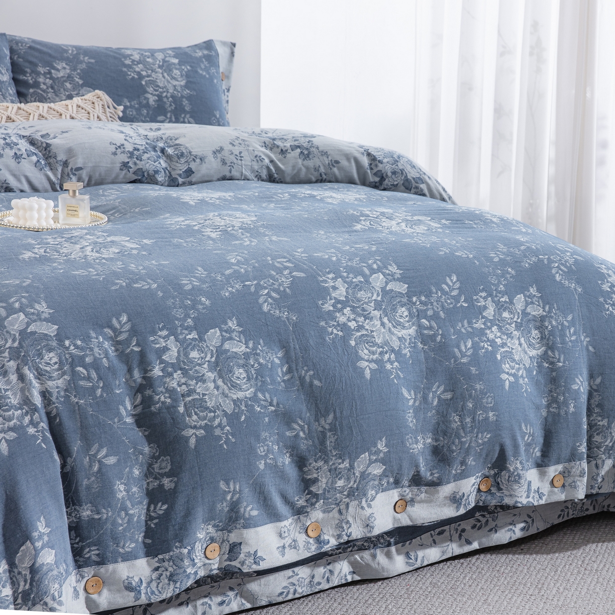 91家纺网 家纺一手货源 找家纺 双层纱家居 2025新款小清新双层纱四件套 春雨蓝