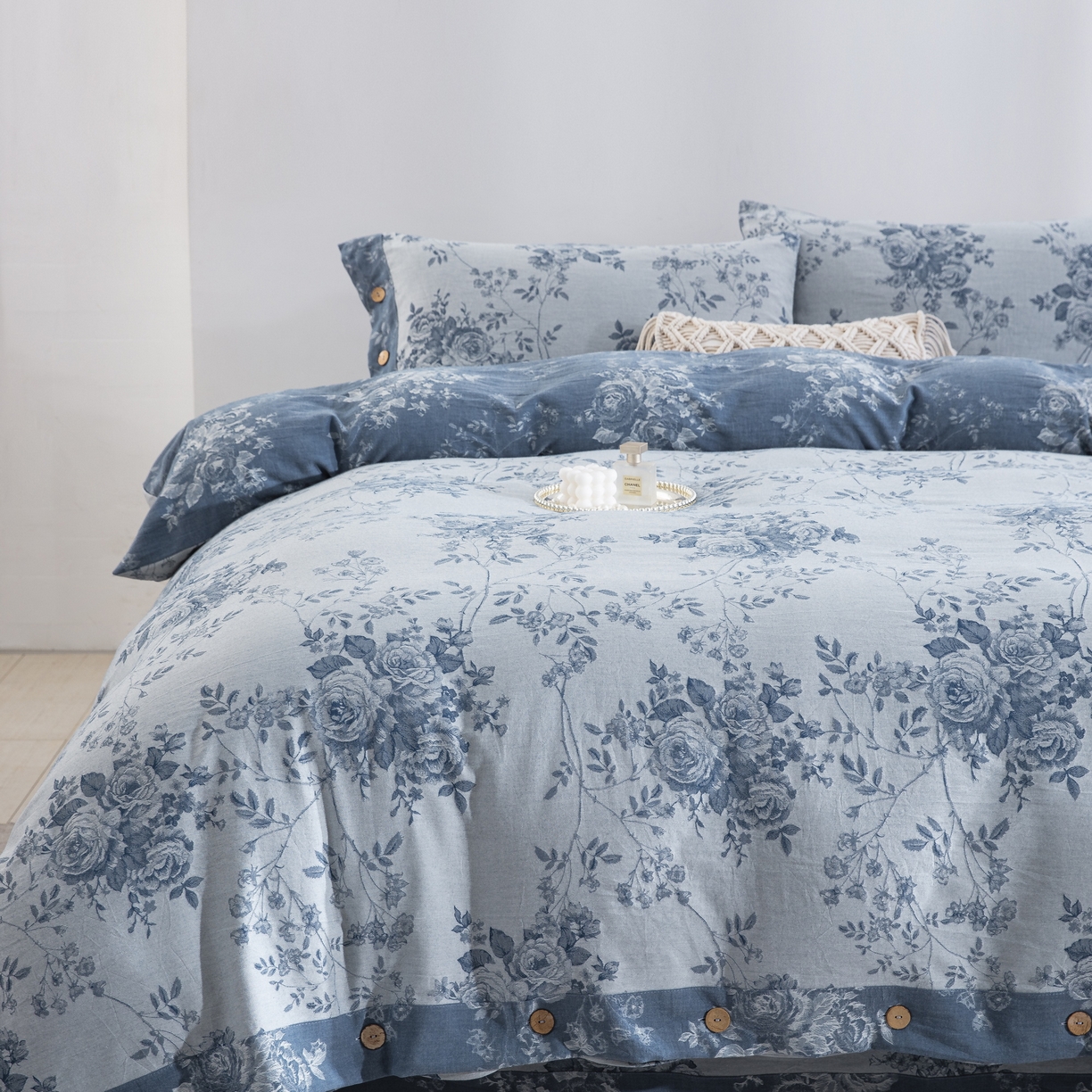 双层纱家居 2025新款小清新双层纱四件套 春雨蓝白