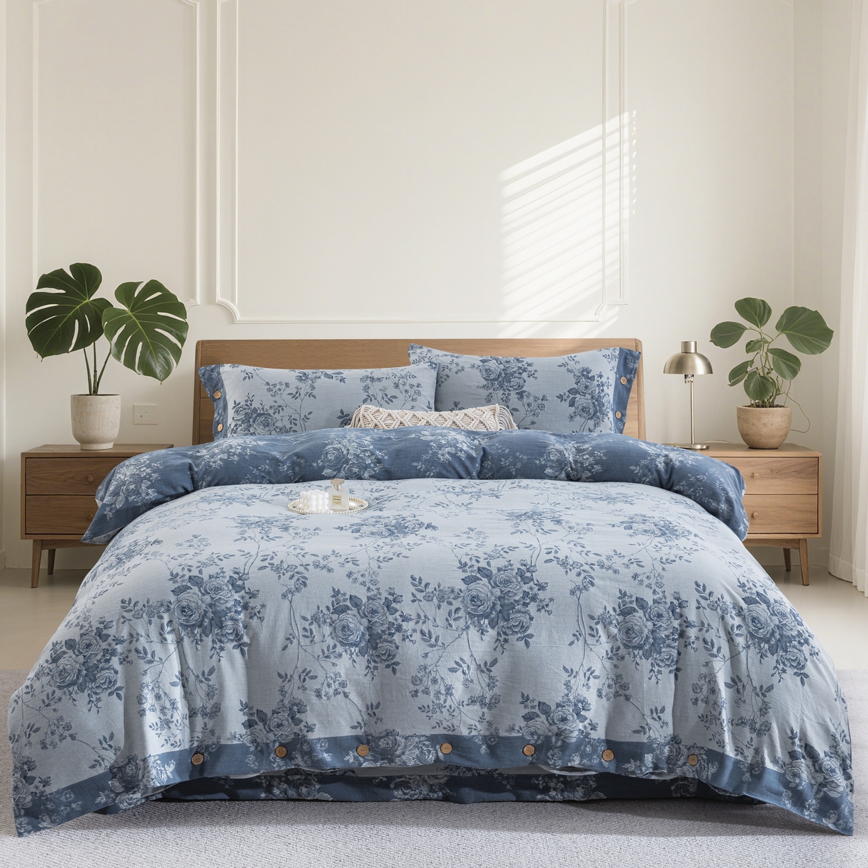 91家纺网 家纺一手货源 找家纺 双层纱家居 2025新款小清新双层纱四件套 春雨蓝白