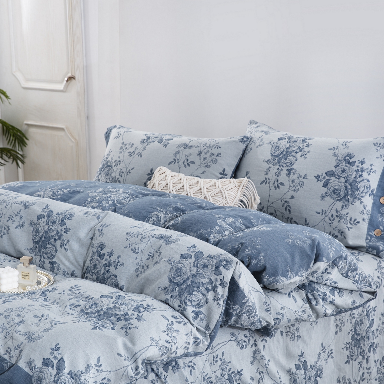 91家纺网 家纺一手货源 找家纺 双层纱家居 2025新款小清新双层纱四件套 春雨蓝白