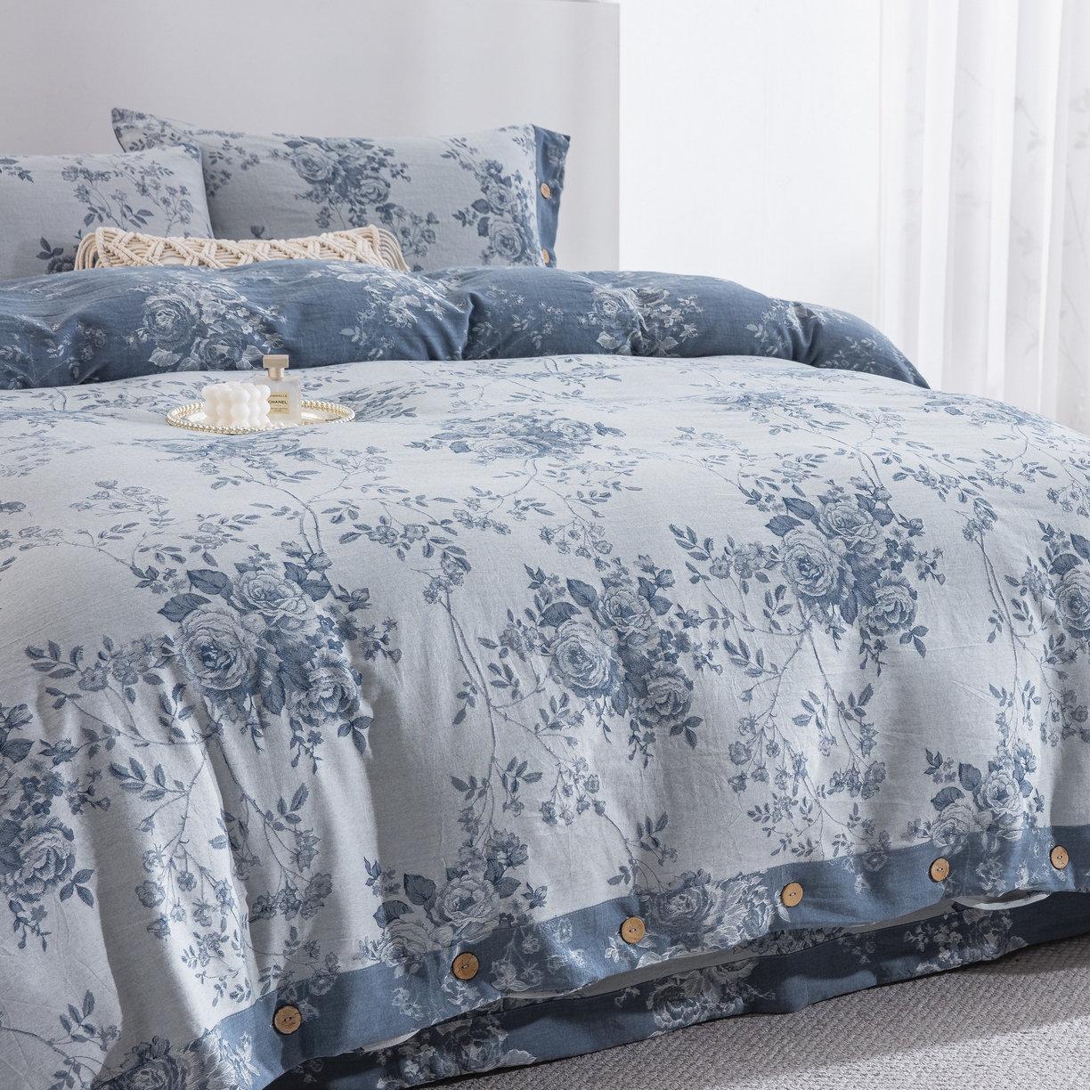 91家纺网 家纺一手货源 找家纺 双层纱家居 2025新款小清新双层纱四件套 春雨蓝白