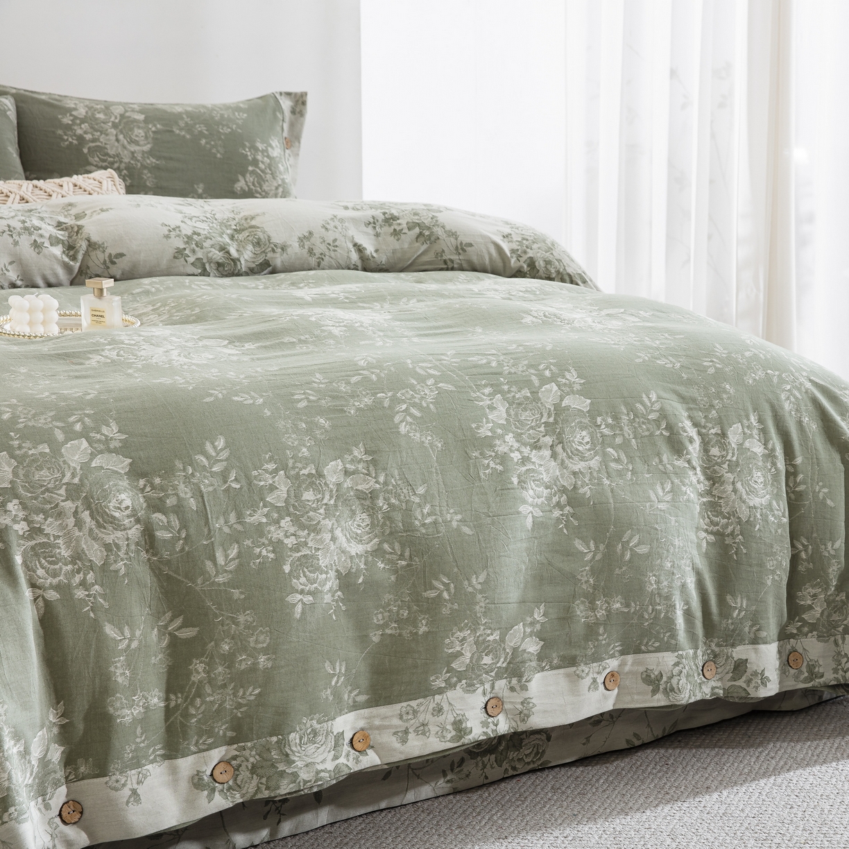 91家纺网 家纺一手货源 找家纺 双层纱家居 2025新款小清新双层纱四件套 春雨-绿